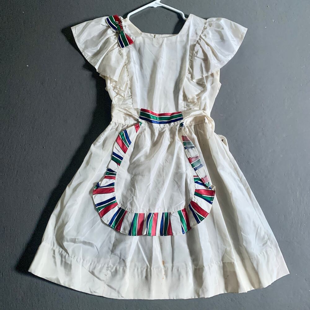 Vintage 1950s White Ruffle Jumper Dress with Apron Trim Handmade XS